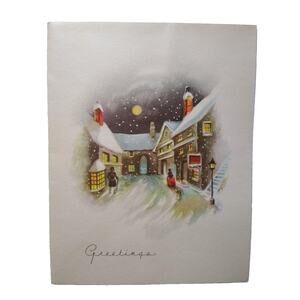 Christmas New Year Greetings Card Vintage Mid Century Snow Homes Village People